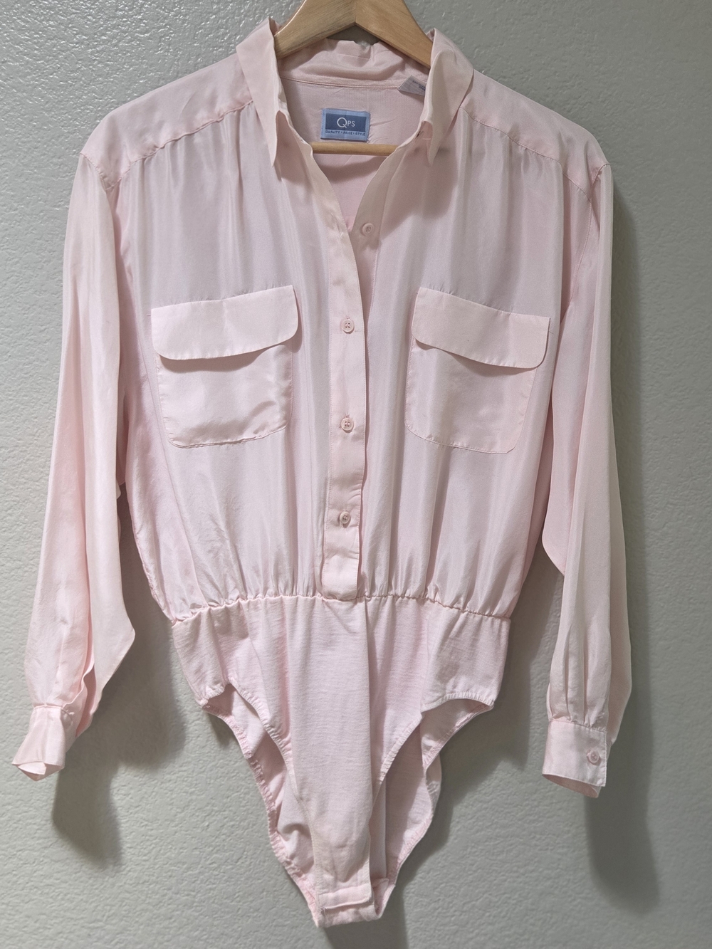 QPS 100% Silk Blush Pink Shirt Bodysuit L Minimalist Feminine